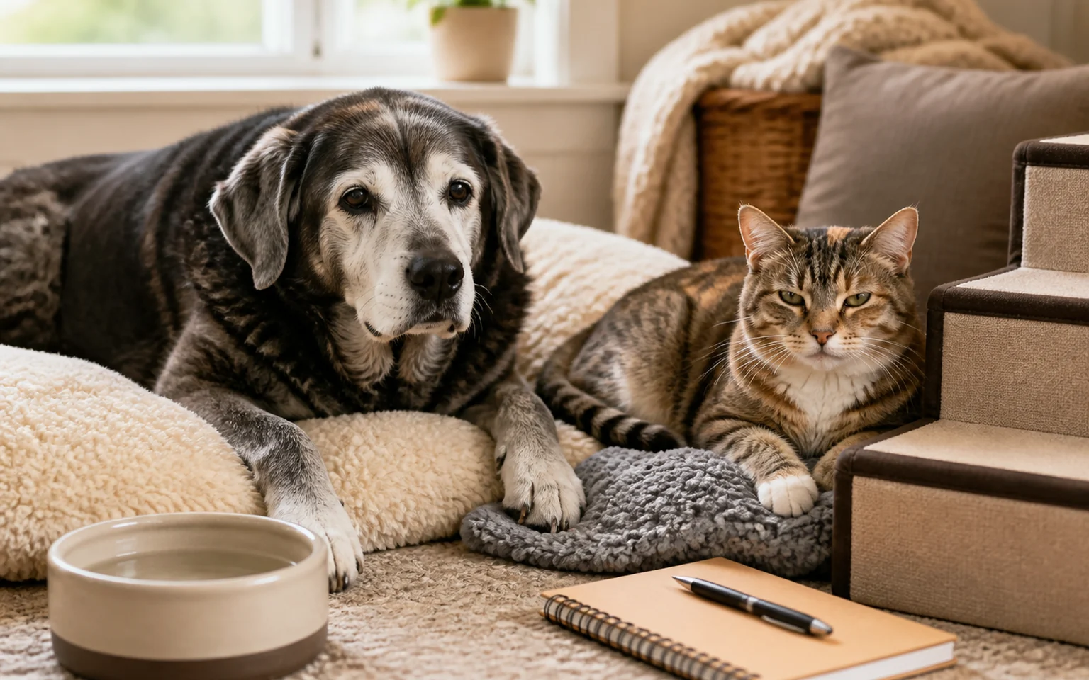 Senior dog and tabby cat resting beside water, soft bedding, and a care notebook in a calm home
