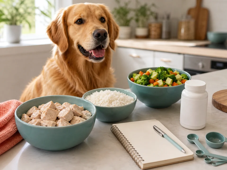 Golden Retriever beside measured food bowls, notebook, and kitchen care supplies