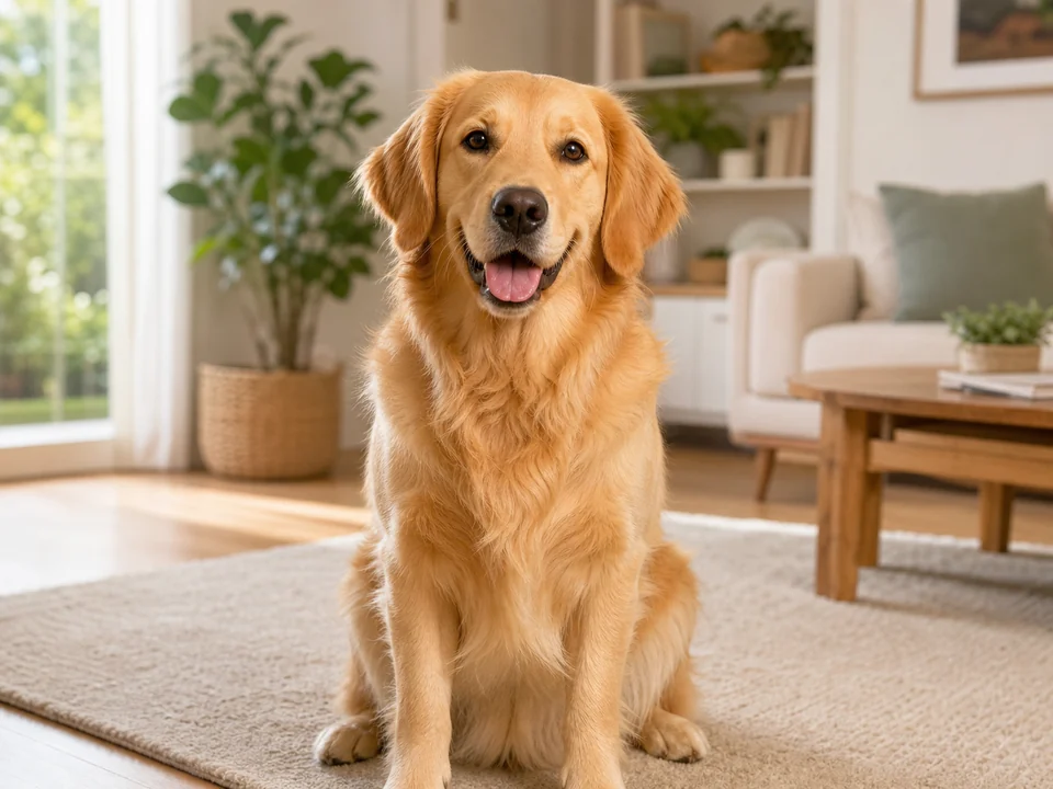 Golden Retriever sitting in a refined home living room with soft natural light