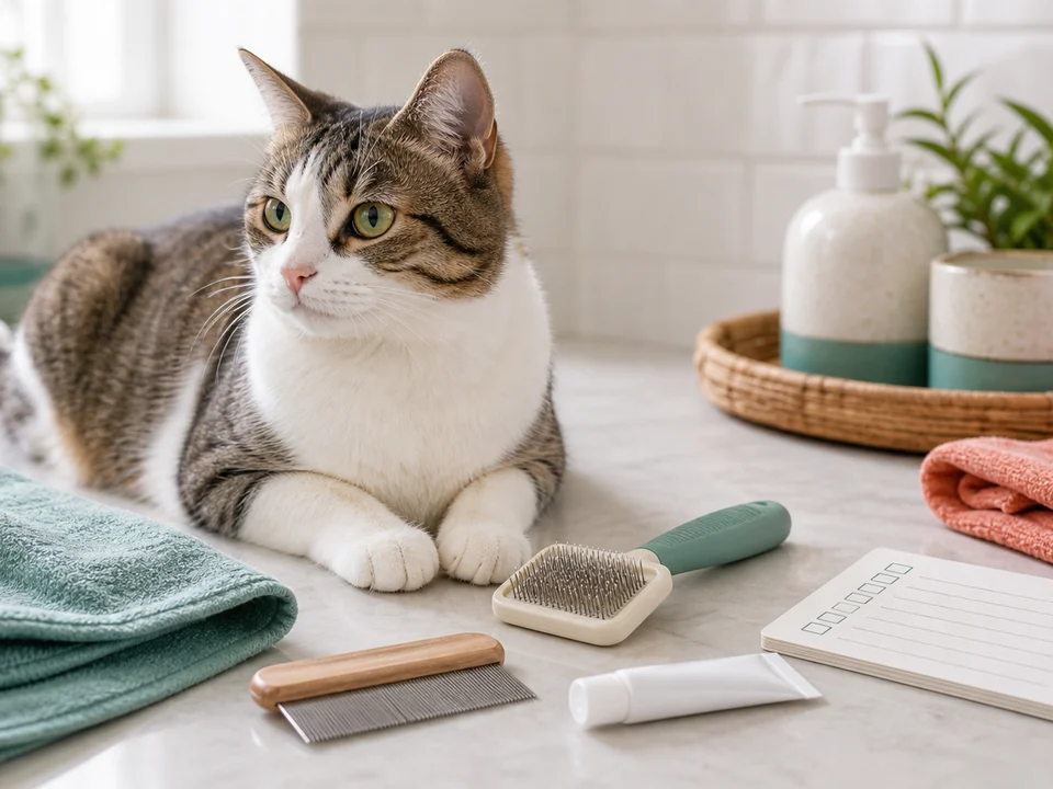 Cat resting beside grooming supplies in a bright home