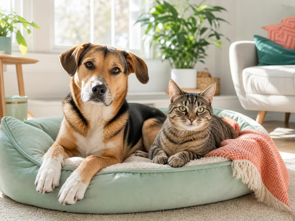 Dog and cat resting together in a bright home