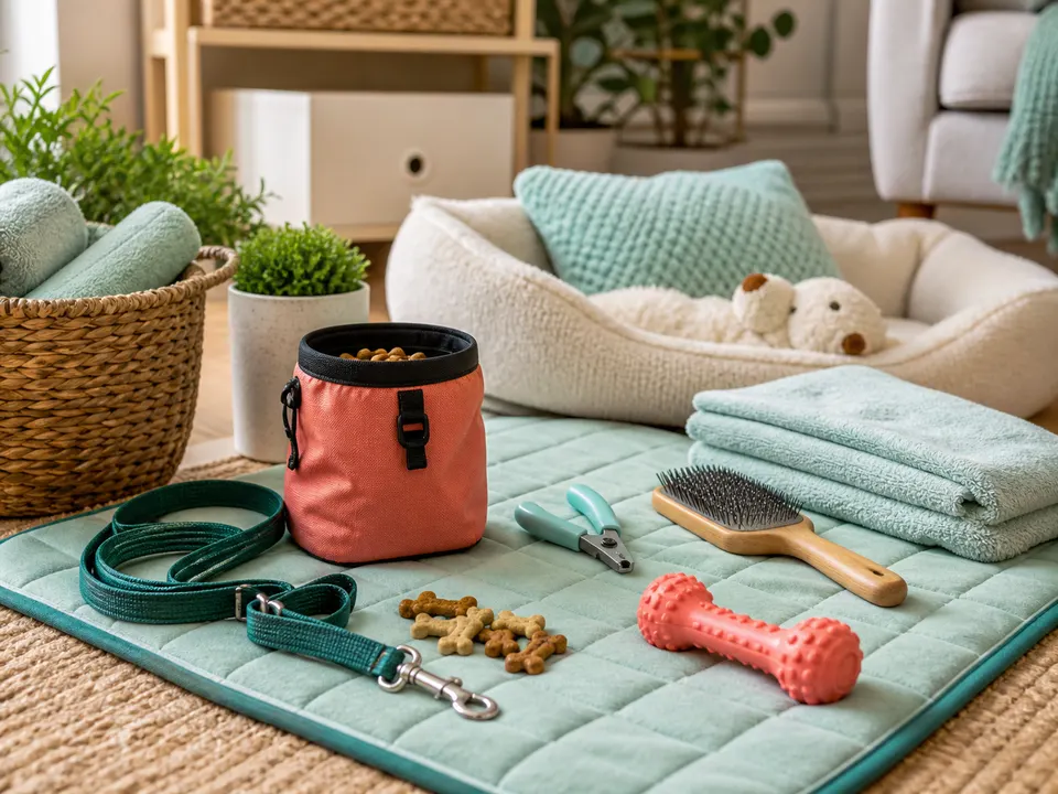 Pet training and grooming supplies arranged in a bright living room corner