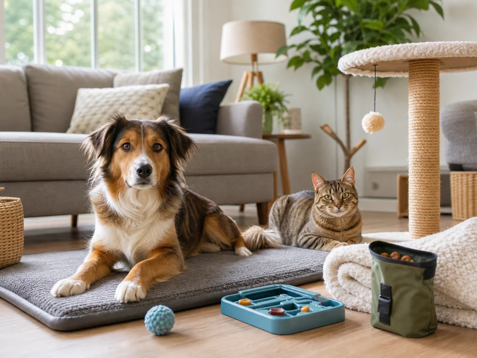 Dog and cat in a calm living room with enrichment and training items