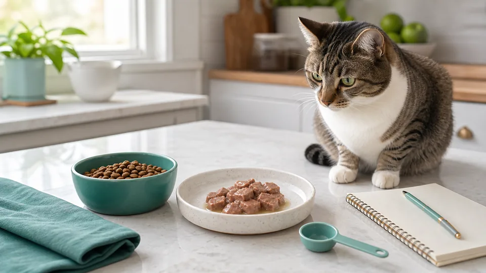 Cat beside measured wet food, dry kibble, and a feeding notebook
