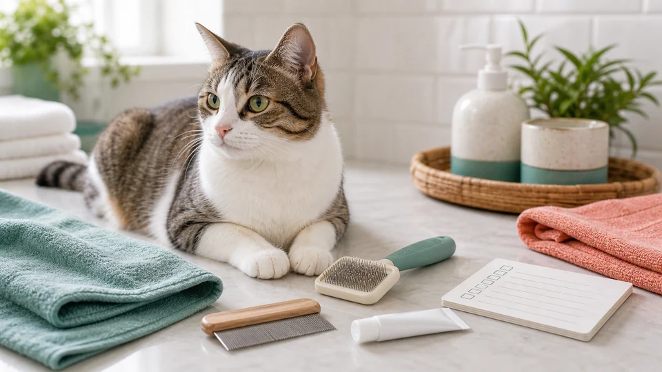 Cat beside towels, a grooming brush, and bath-time care supplies