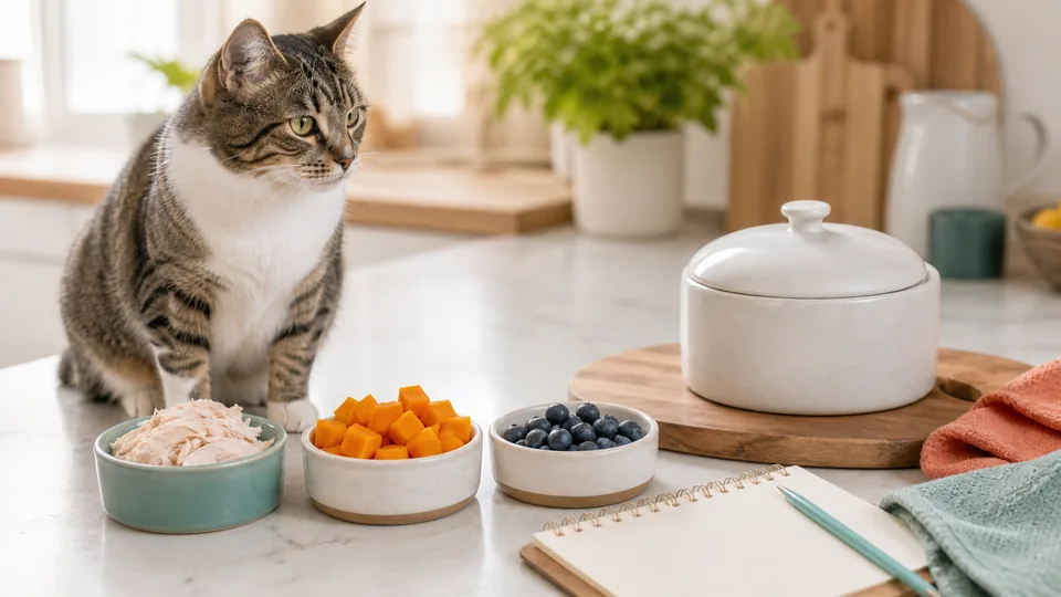 Cat beside small portions of simple cat-safe human foods