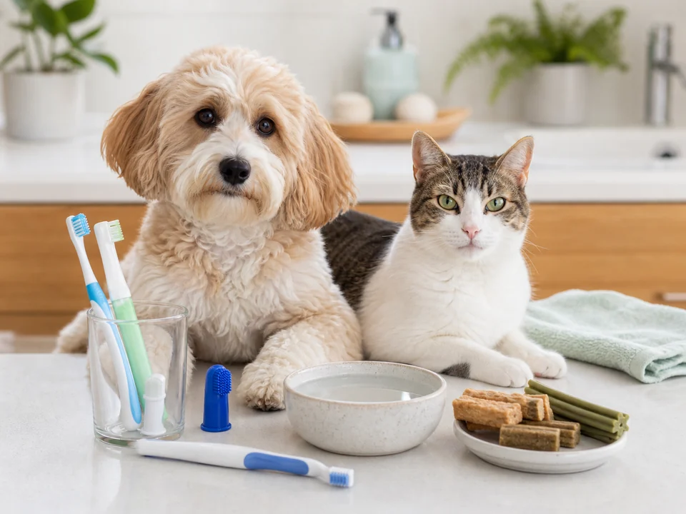 Dog and cat beside pet dental care supplies on a bright counter