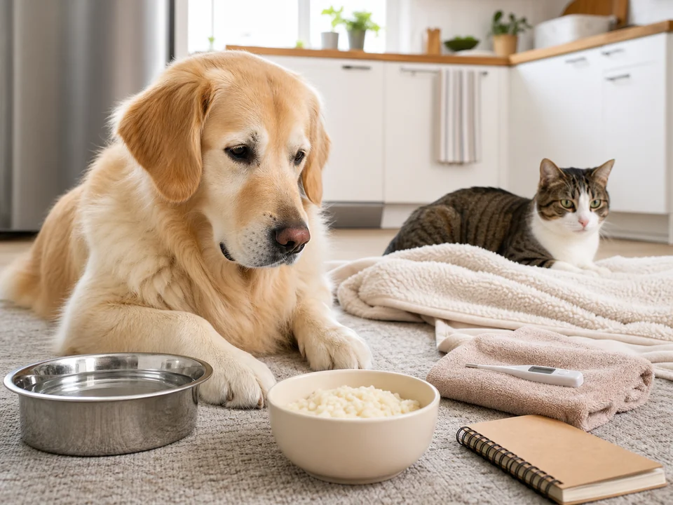 Dog resting near water, bland food, towels, and pet care notes