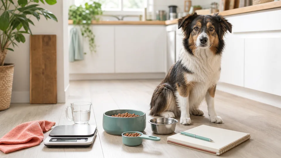 Dog beside measured food bowls, water bowl, scale, and feeding notebook