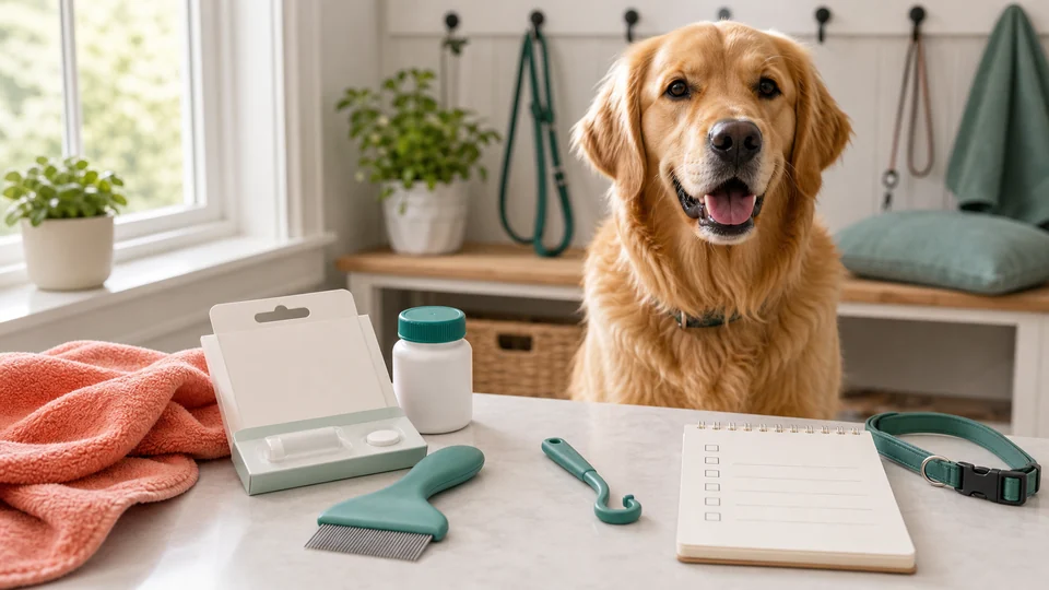 Dog beside a flea comb, tick remover, collar, and parasite-prevention notes
