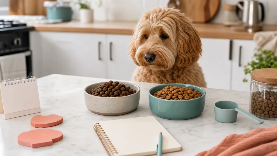 Dog beside two different bowls of kibble for a gradual food transition