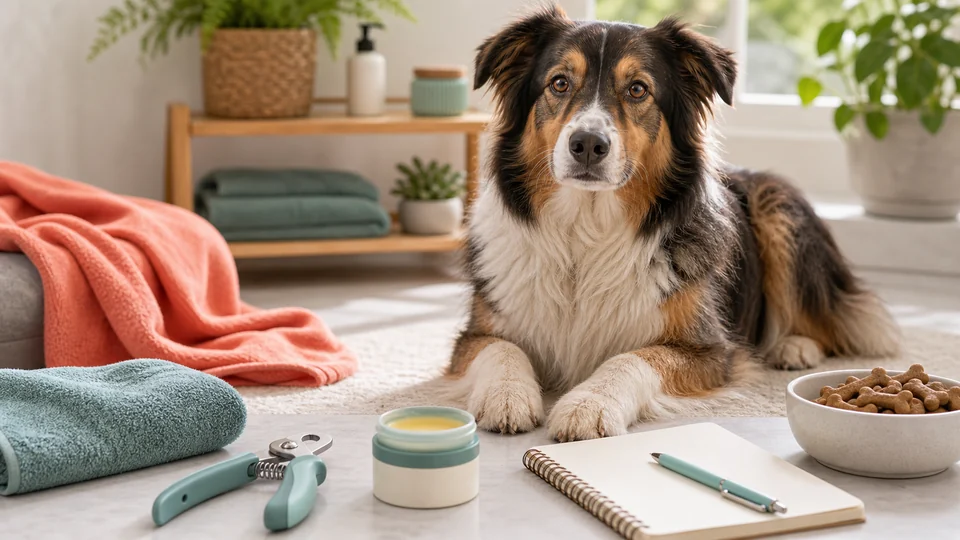 Dog beside nail clippers, paw balm, towels, and grooming supplies