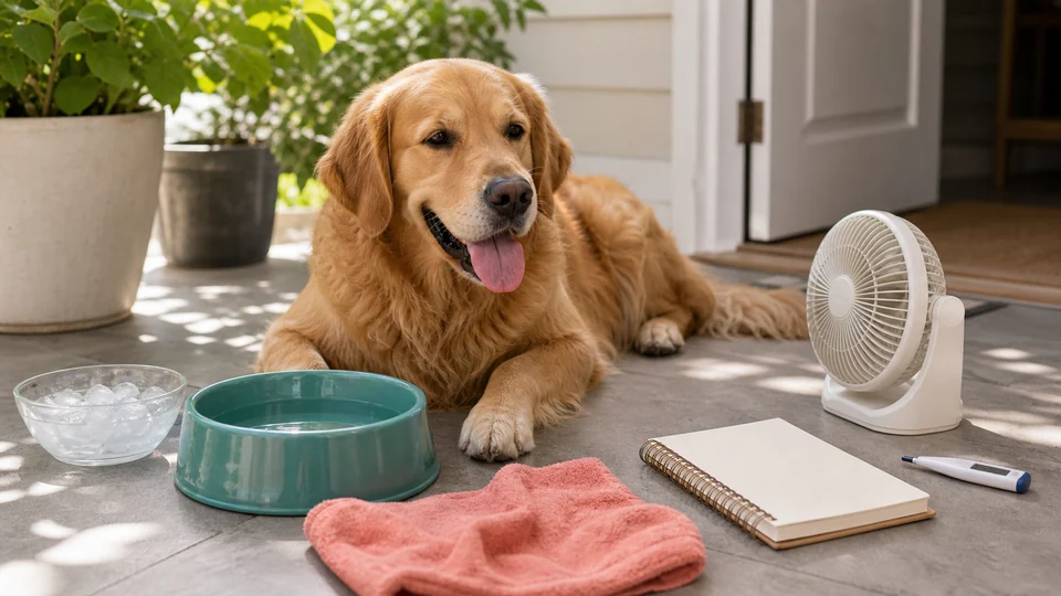 Dog resting near water, cooling towel, ice bowl, and a fan on a warm day