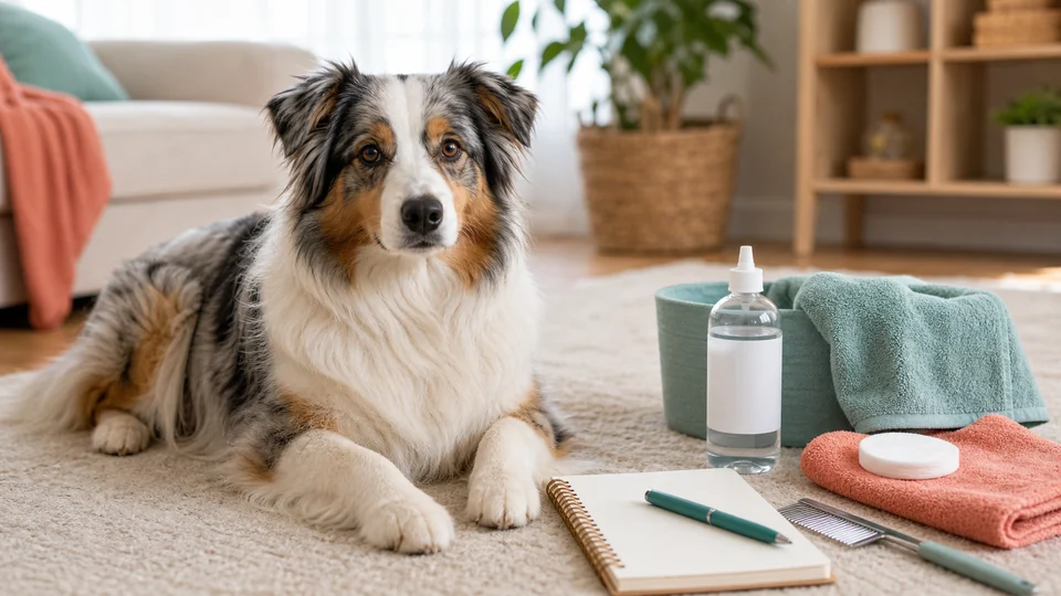 Dog resting beside skin-care supplies, a towel, and a care notebook