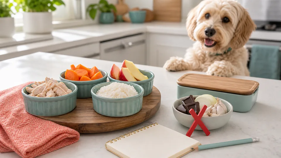 Dog beside small portions of simple dog-safe human foods