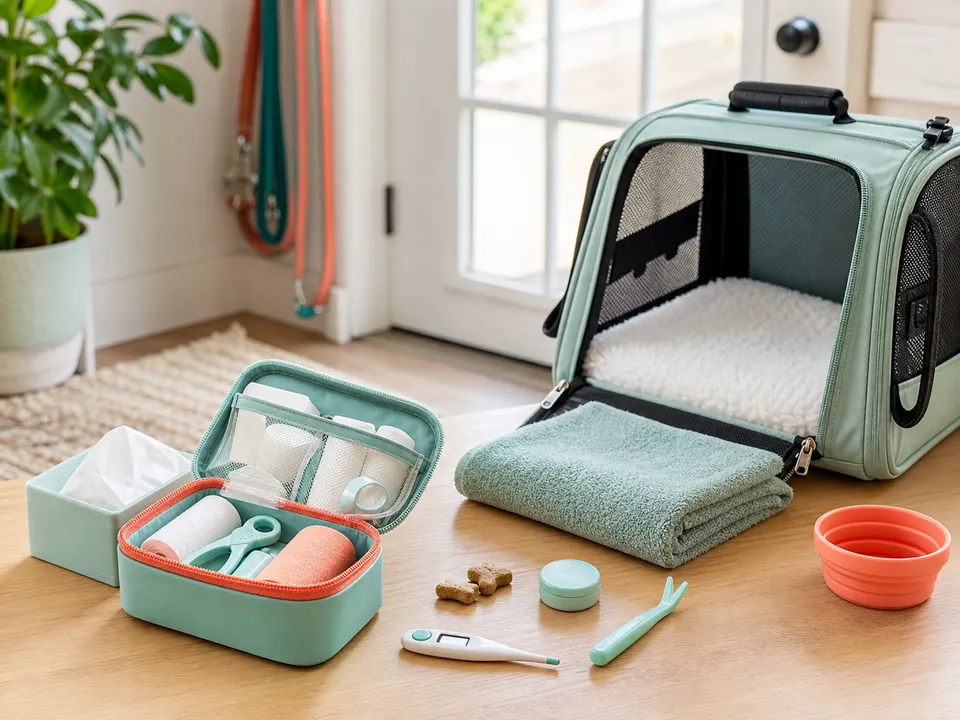 Pet first-aid and vet-care supplies arranged neatly on a bright table