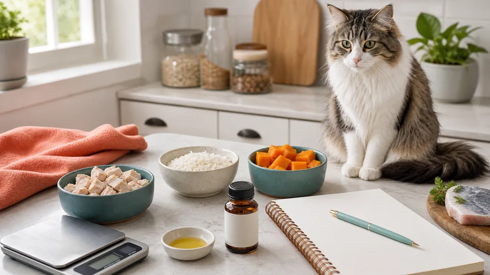 Cat beside measured homemade food ingredients and a recipe notebook