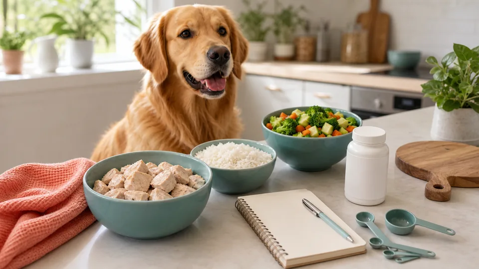 Dog beside balanced homemade food ingredients, measuring spoons, and a notebook