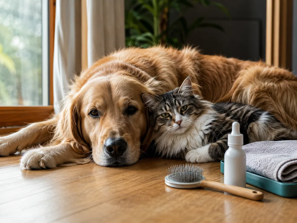 Dog and cat near clean parasite prevention and grooming supplies