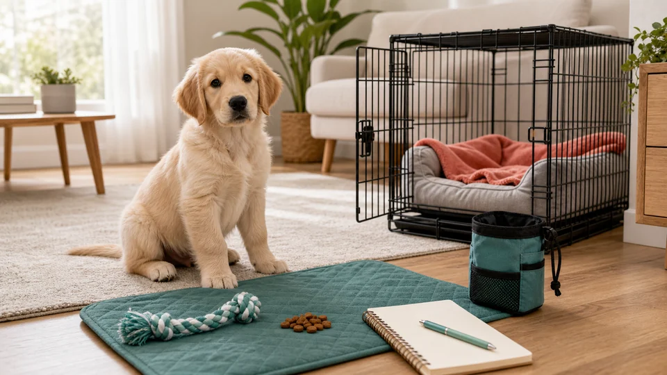 Puppy sitting near a crate, training pouch, toy, and care notebook