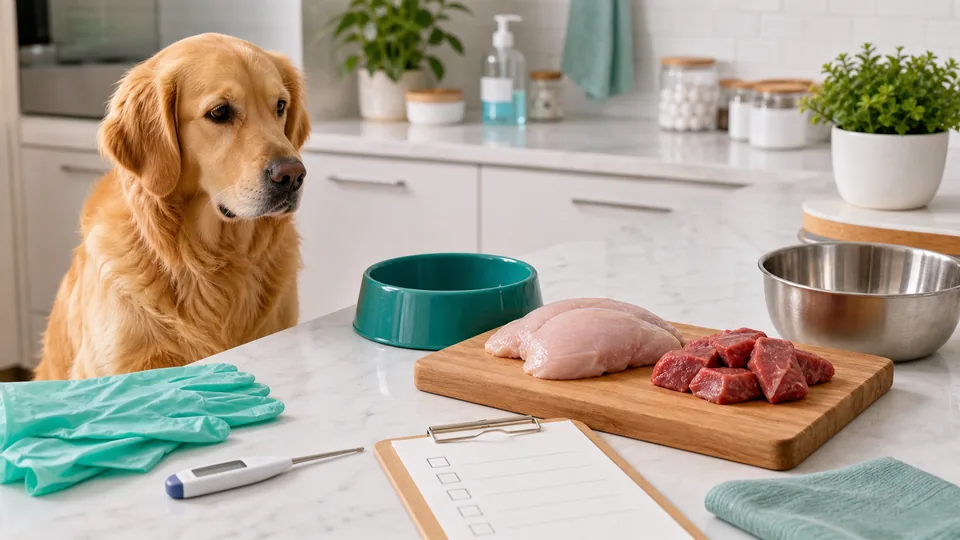 Dog beside a clean raw-food preparation setup with hygiene supplies