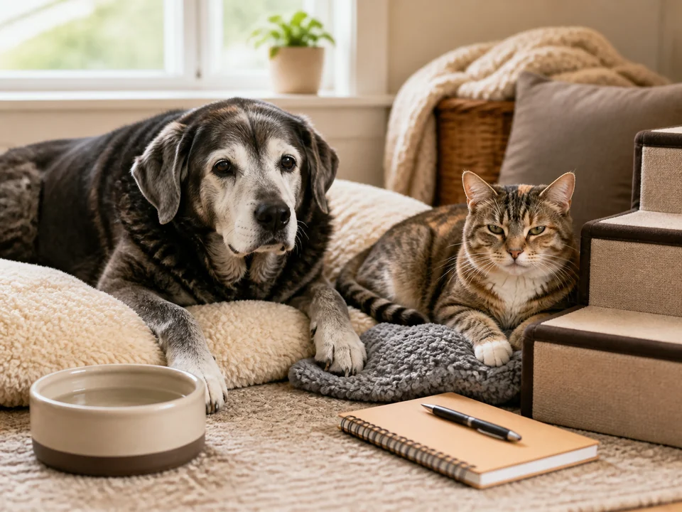 Senior dog and cat resting comfortably with daily care items nearby