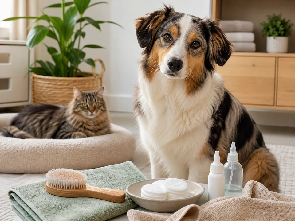 Dog beside grooming and ear care supplies in a bright room