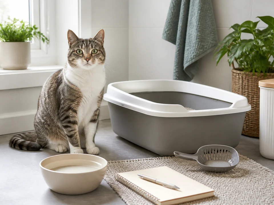 Cat sitting beside a clean litter box, water bowl, and care supplies
