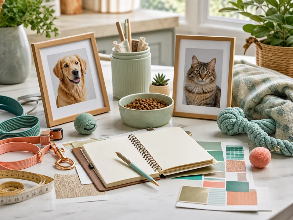 Pet breed selection objects arranged on a bright desk