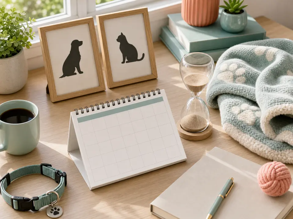 Pet life-stage calendar with toys, notes, and care objects arranged on a bright table
