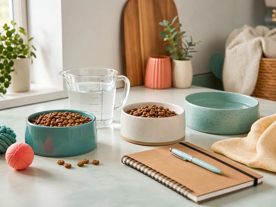 Dog and cat food bowls, water bowl, measuring cup, and pet-care notebook