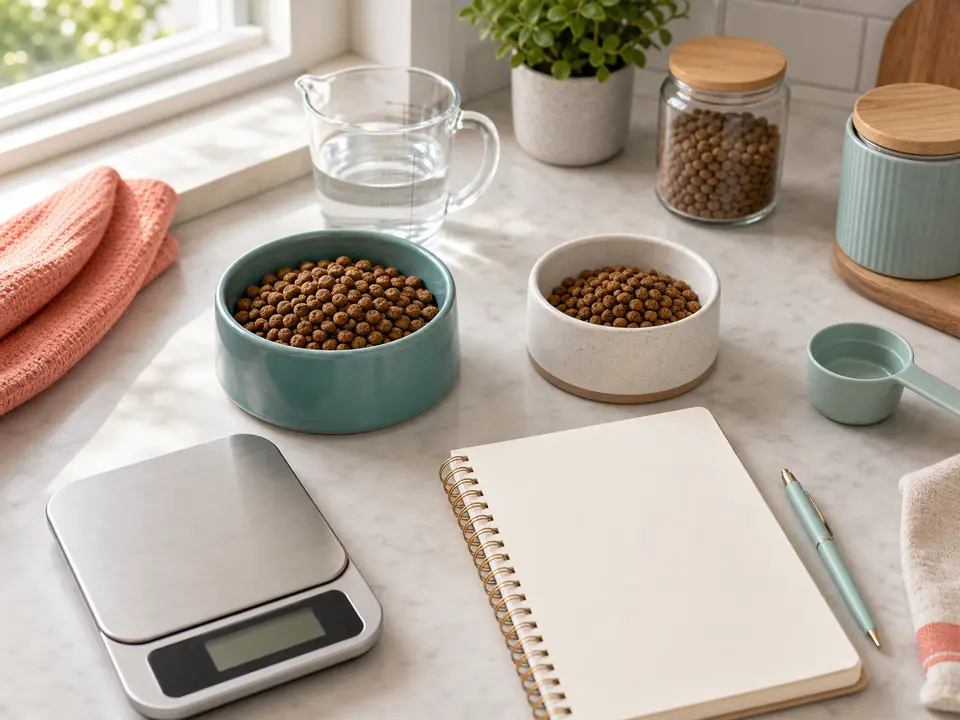 Pet food bowls, a measuring scale, and a feeding notebook on a bright kitchen counter