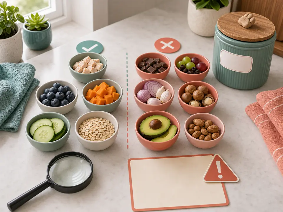 Pet-safe and unsafe foods separated on a kitchen counter with checklist markers