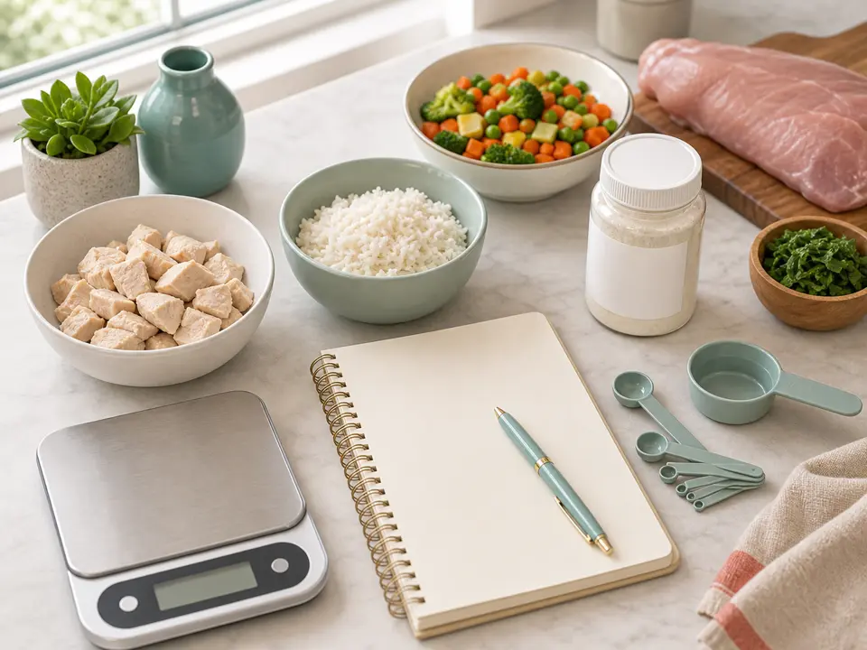 Balanced homemade pet food ingredients with a recipe notebook on a kitchen counter
