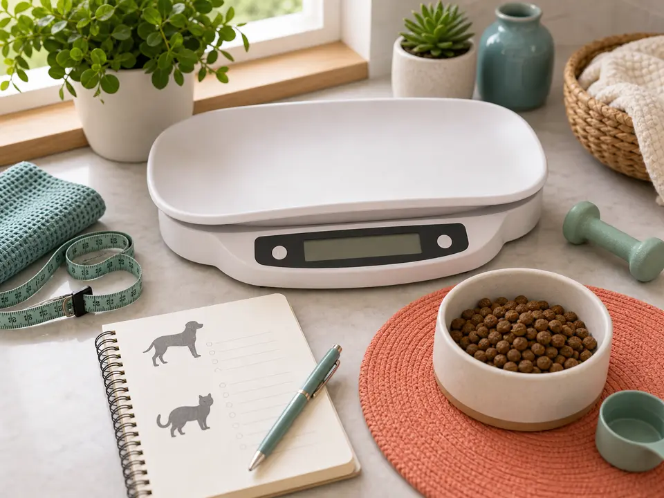 Pet weight-check setup with a scale, measuring tape, and feeding notes