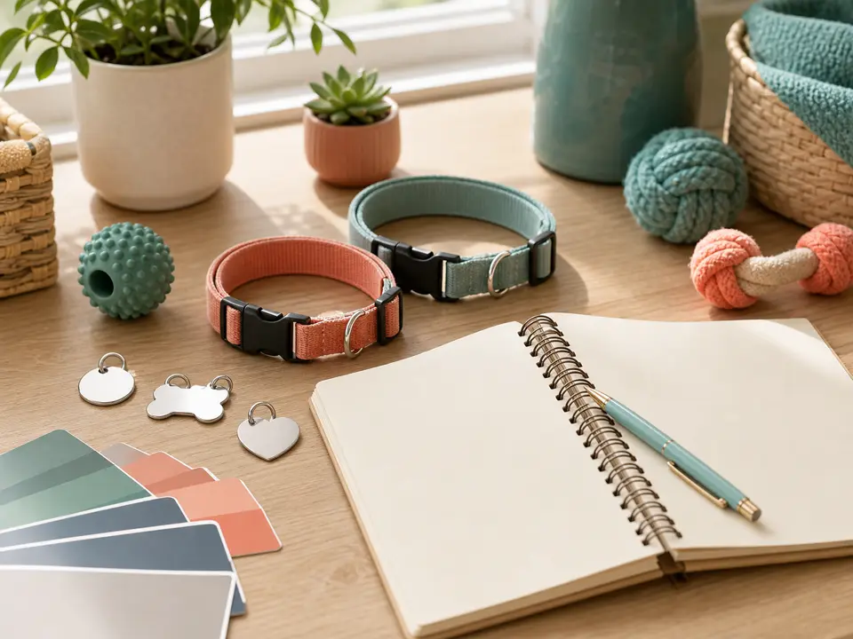Pet name shortlist notebook with cheerful dog and cat care objects