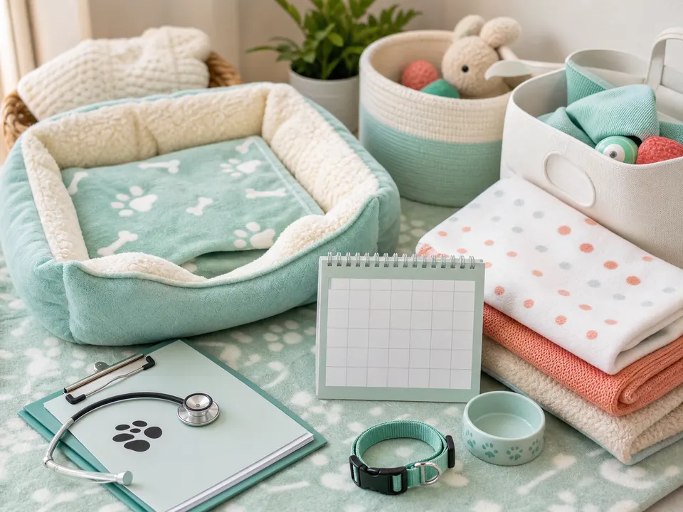 New puppy and kitten preparation supplies arranged in a bright home