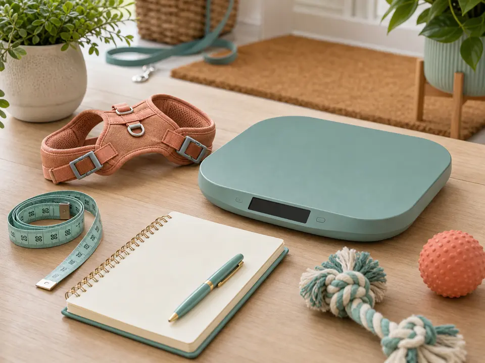Puppy growth notebook with a measuring tape, scale, and pet care items