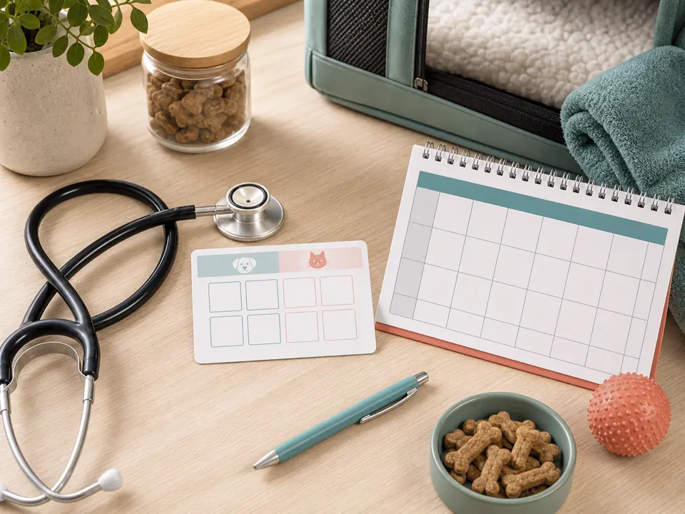 Pet vaccine calendar, stethoscope, and care checklist on a bright desk
