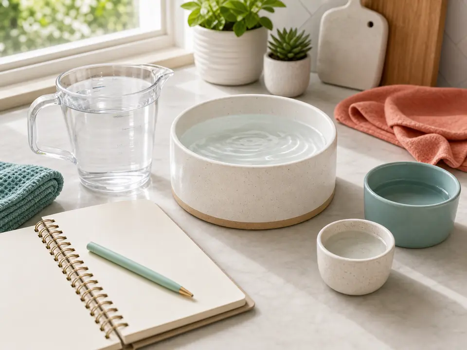 Fresh pet water bowls and a hydration notebook on a sunny kitchen counter