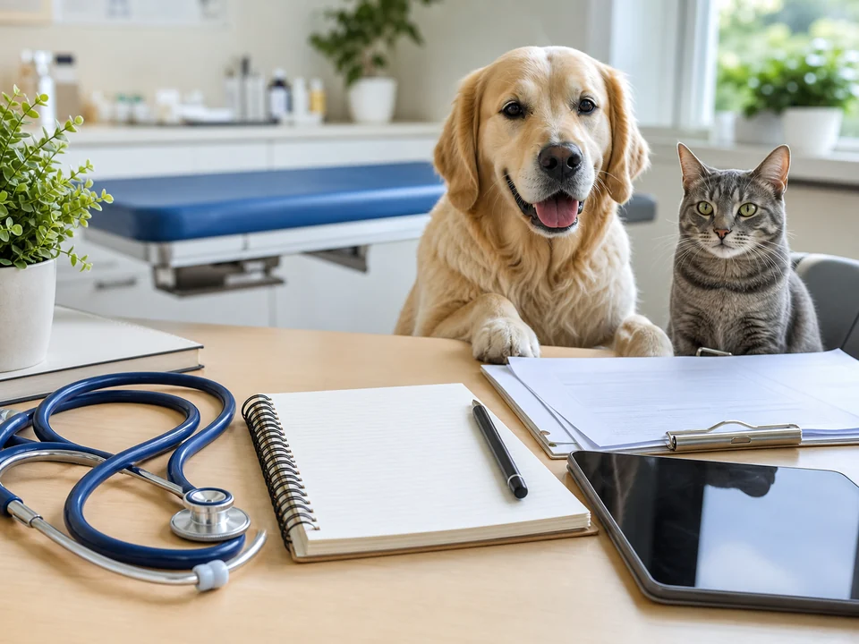 Pet health review desk with stethoscope, notes, and calm dog and cat