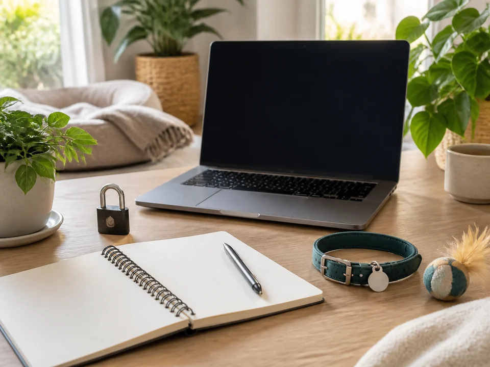 Quiet pet care desk with closed laptop, lock, notebook, and collar
