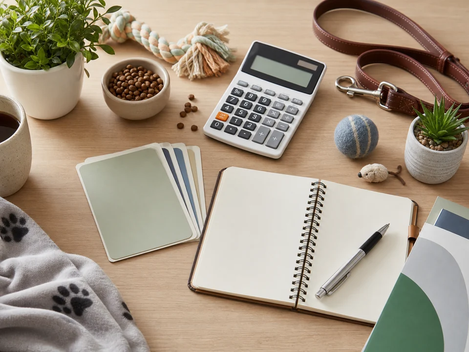 Pet care comparison desk with calculator, notebook, leash, and cat toy