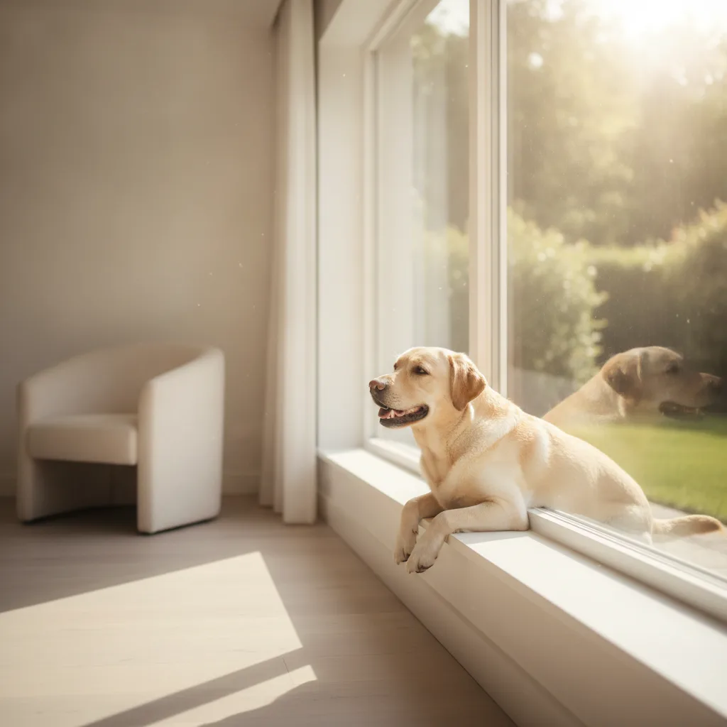 Labrador dog looking out a large bright window with natural light