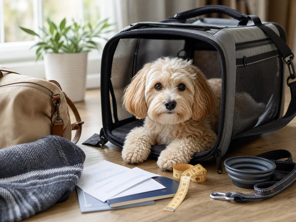 Small dog in a soft pet carrier beside measuring tape and travel supplies