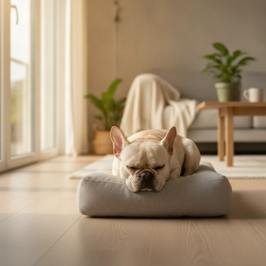 French Bulldog resting calmly on a soft cushion in a bright home