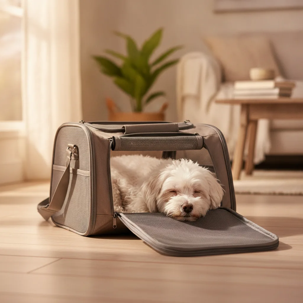 Small dog resting inside an airline-approved soft pet carrier