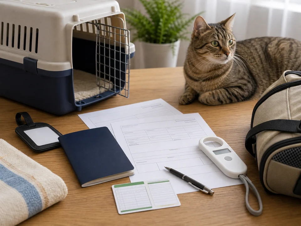 Cat beside pet travel documents, microchip scanner, and a carrier