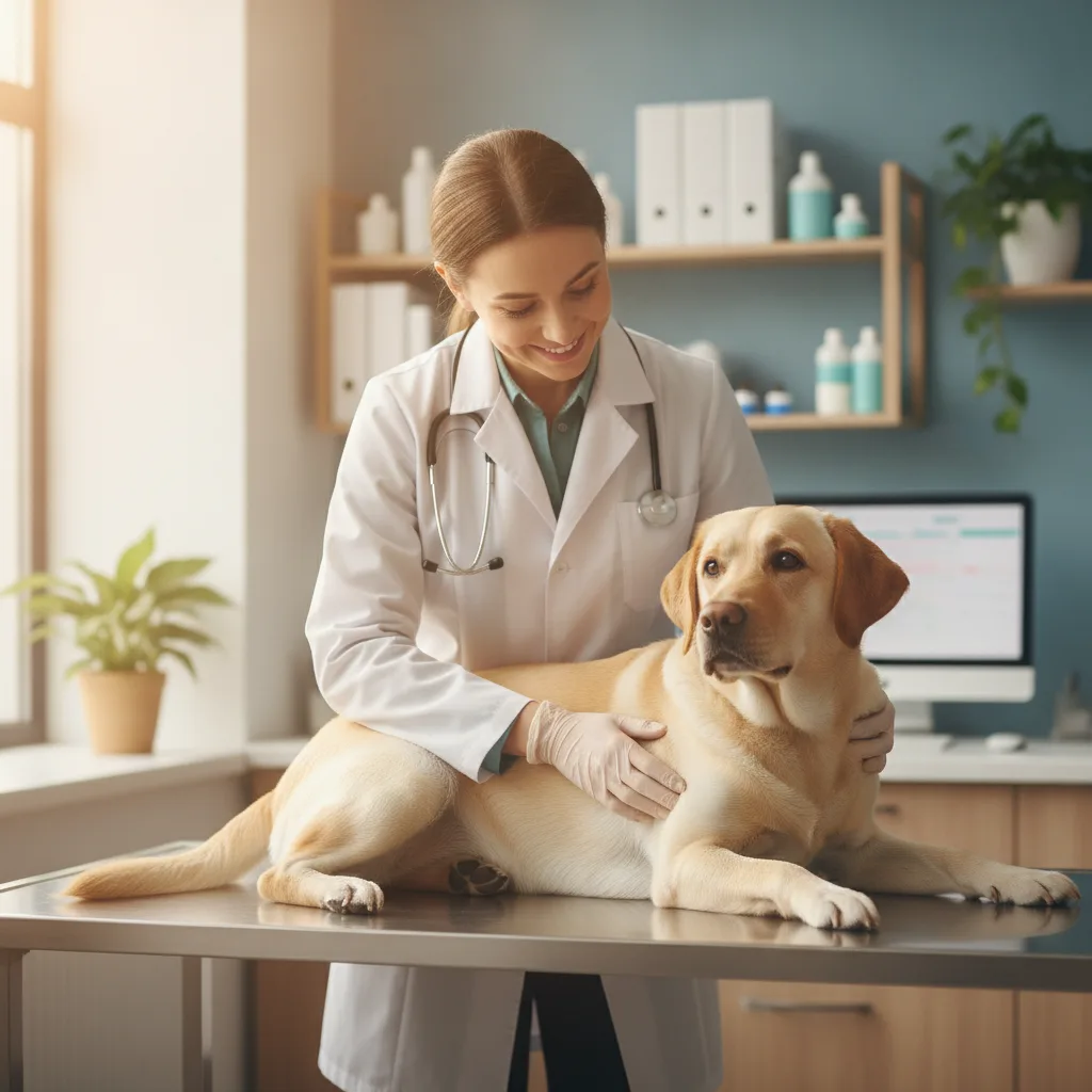 Veterinarian gently examining a Labrador on a clean examination table