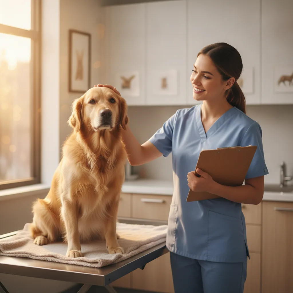 Golden retriever on a vet table with a friendly vet holding a clipboard
